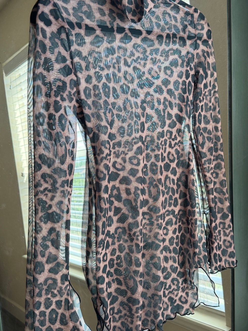 Y2K Sheer Leopard Mesh Overlay Mini Dress with Flare Bell Sleeves - Picture 2 of 6